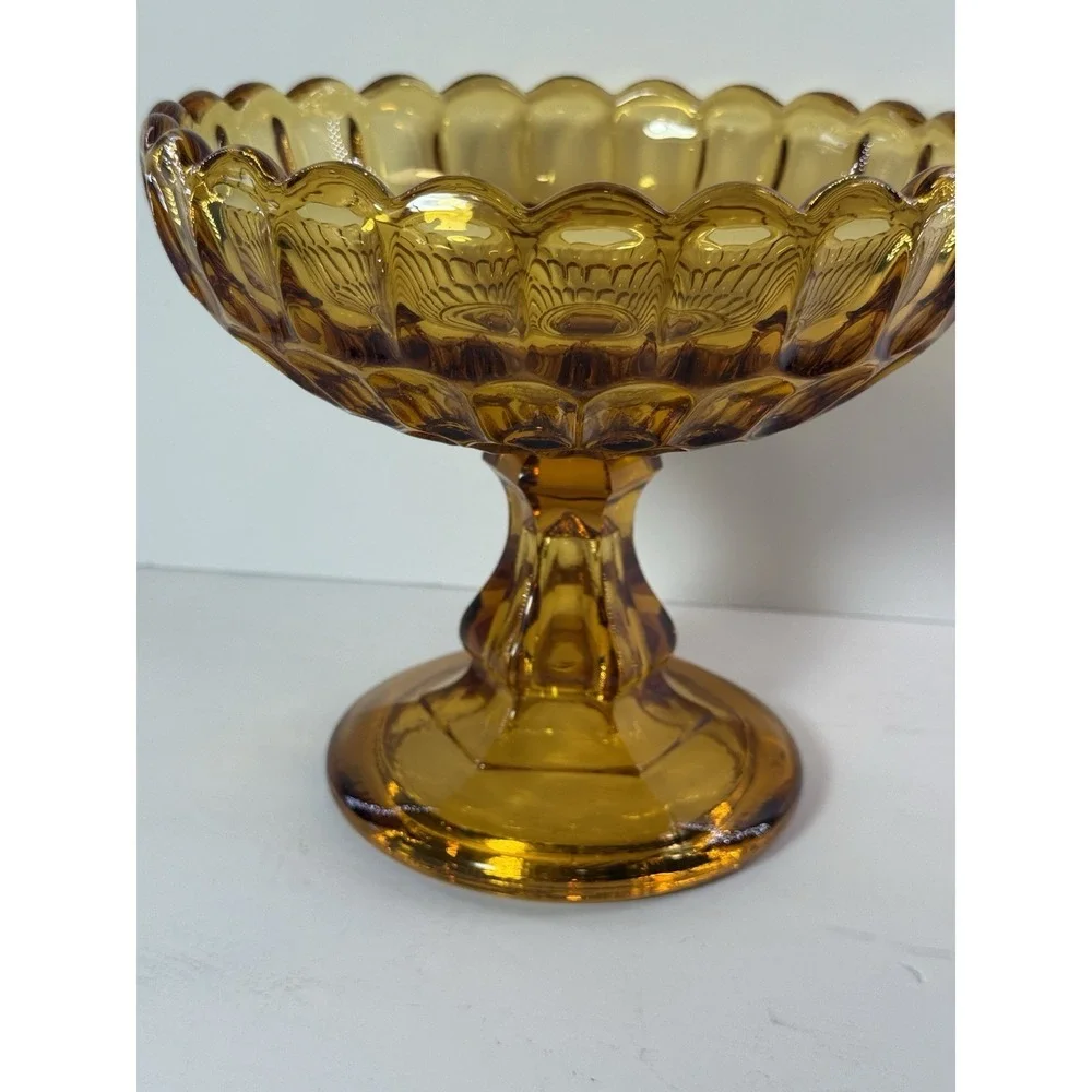 Vintage Amber Glass Thumbprint Pedestal Compote Bowl Scalloped Centerpiece Dish